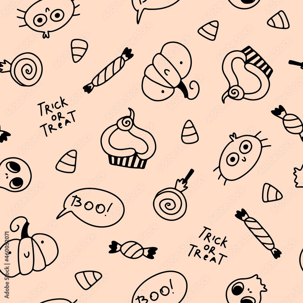 Fototapeta premium Cute holidays seamless halloween pattern in simple hand drawn childish cartoon doodle style. One line on a pastel background. Ideal for baby textiles, clothing.