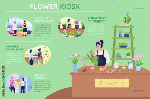Flower kiosk flat color vector infographic template. Floral arrangement for sale. Poster with text, PPT page concept design with cartoon characters. Creative data visualization. Info banner idea