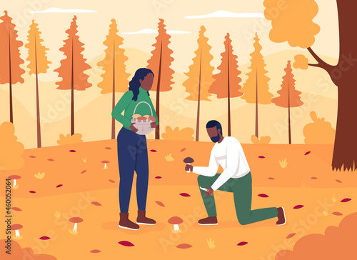 Couple collecting mushrooms flat color vector illustration. Recreational activity in autumn. Together in fall woods. Happy boyfriend and girlfriend 2D cartoon characters with landscape on background