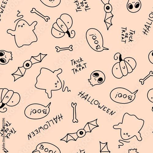 Cute holidays seamless halloween pattern in simple hand drawn childish cartoon doodle style. One line on a pastel background. Ideal for baby textiles, clothing.