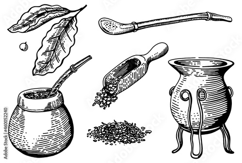 Traditional mate tea set. Vector ink hand drawn sketch style illustration for cafe or restaurant menu, print. Yerba mate ceremony with gourd and bombilla