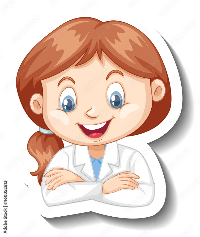 Portrait of a girl in science gown cartoon character sticker Portrait of a girl in science gown cartoon character sticker