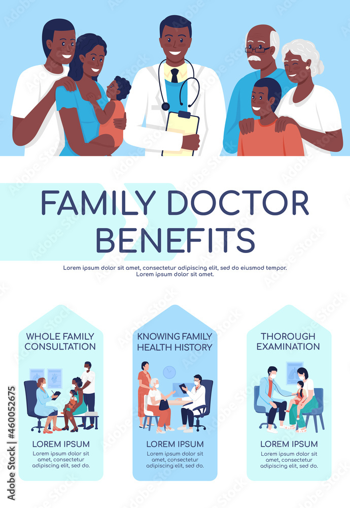 Family doctor benefits flat color vector infographic template. Health care. Poster with text, PPT page concept design with cartoon characters. Creative data visualization. Info banner idea