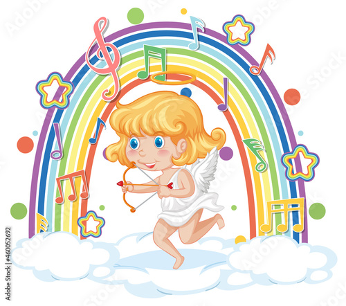 Cupid girl on the cloud with melody symbols on rainbow