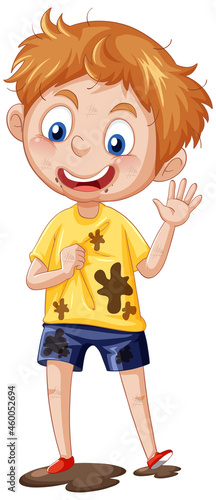 A boy wears dirty t-shirt with a mud puddle