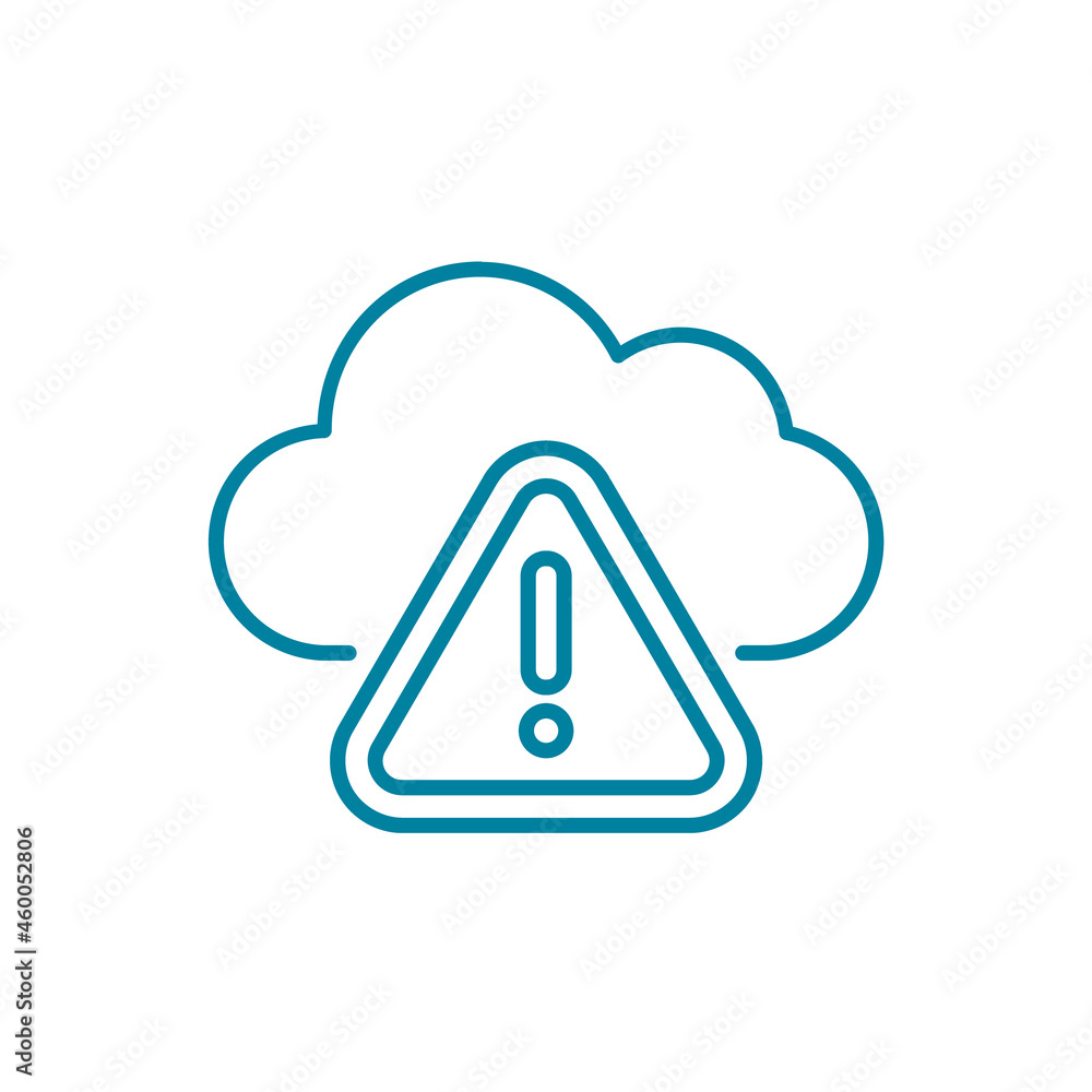 Cloud warning sign line icon. Cloud computing server hosting error. Triangle road exclamation mark. Cyber attack concept. Not secure connection. Network problem. Vector illustration, flat, clip art. Cloud warning sign line icon. Cloud computing server hosting error. Triangle road exclamation mark. Cyber attack concept. Not secure connection. Network problem. Vector illustration, flat, clip art.
