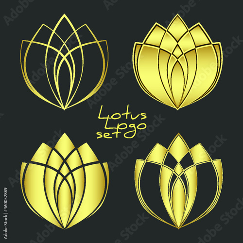 Set of golden lotus symbols in outline, silhouette and combined style. Vector gold floral logos collection of spa, relax, cosmetics or beauty salon.