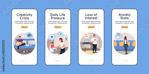 Burnout causes onboarding mobile app screen flat vector template. Tired of work. Walkthrough website 4 steps with characters. Creative UX, UI, GUI smartphone cartoon interface, case prints set