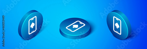 Isometric Online poker table game icon isolated on blue background. Online casino. Blue circle button. Vector