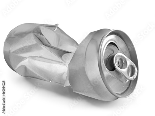 Crumpled empty blank soda or beer can garbage, Crushed junk can can recycle isolated on white background