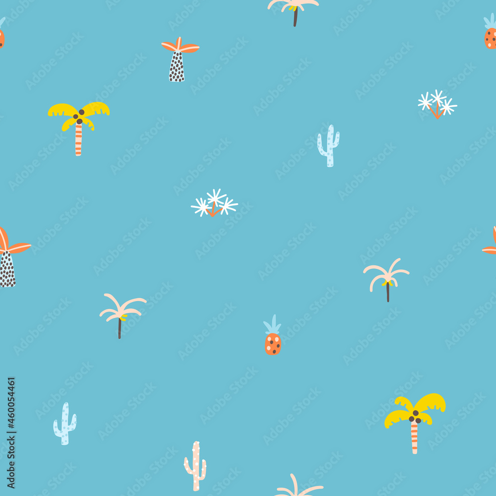 Tropical jungle seamless pattern. Palm trees and plants in a simple hand-drawn Scandinavian doodle style. Nursery pastel palette for printing baby clothes, textiles fabrics. Vector cartoon background