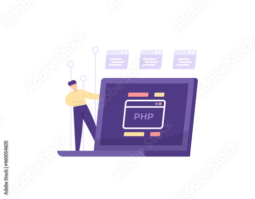website developer, php programmer, web builder, web designer. illustration of a male employee staff making a program or coding using the PHP programming language on a laptop. flat cartoon style