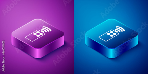 Isometric Remote control for the camera icon isolated on blue and purple background. An auxiliary device that allows you to work with a camera from a distance. Square button. Vector