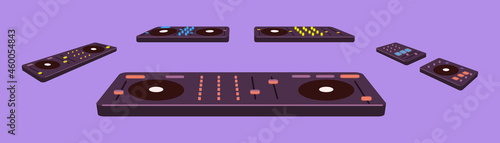 DJ controllers kit for club music playing. Audio consoles and mixers set for sound mixing. Electronic turntables. Colored flat vector illustration of wireless electro equipment