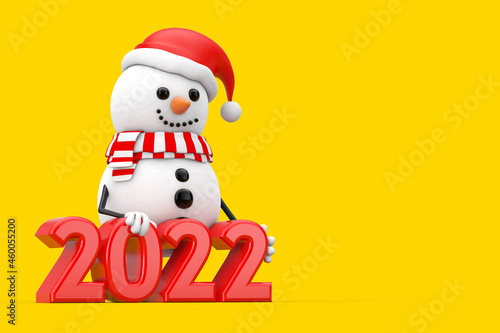 Snowman in Santa Claus Hat Character Mascot with New Year 2022 Sign. 3d Rendering