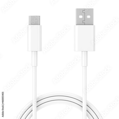 White USB Type C Charger Cable for Smartphone. 3d Rendering