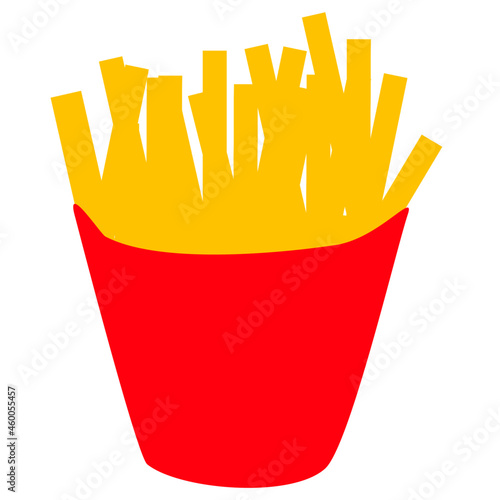 Minimal, modern style vector graphic illustration of a portion of vibrant yellow fries in a red paper cup