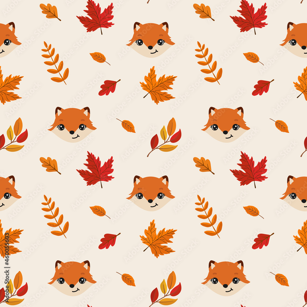 Fototapeta premium Autumn seamless pattern with cute fox and leaves. Baby texture for fabric, wrapping, textile, wallpaper, clothing. Funny little fox.