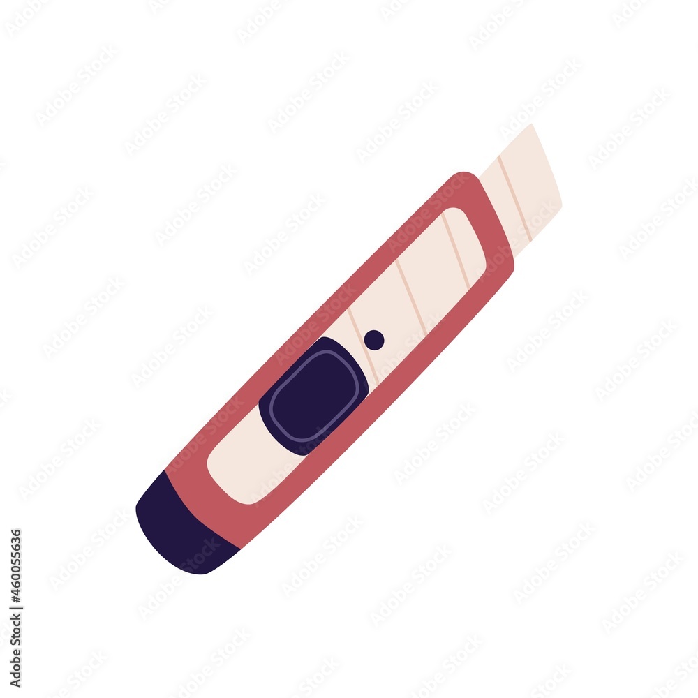 Utility craft knife with handle and retractable sharp metal blade. Office and school tool for cutting paper and cardboard. Flat vector illustration of stationery instrument isolated on white Utility craft knife with handle and retractable sharp metal blade. Office and school tool for cutting paper and cardboard. Flat vector illustration of stationery instrument isolated on white