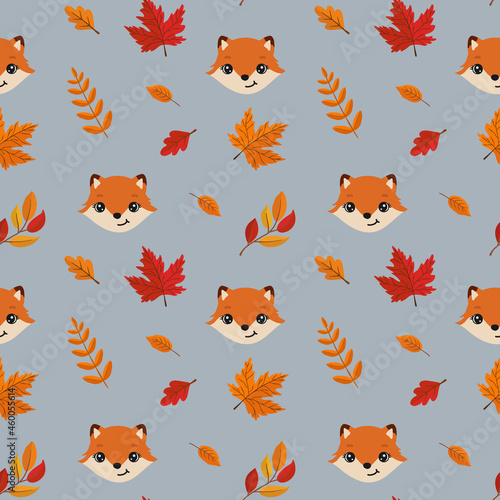 Autumn seamless pattern with cute fox and leaves. Baby texture for fabric, wrapping, textile, wallpaper, clothing. Funny little fox.