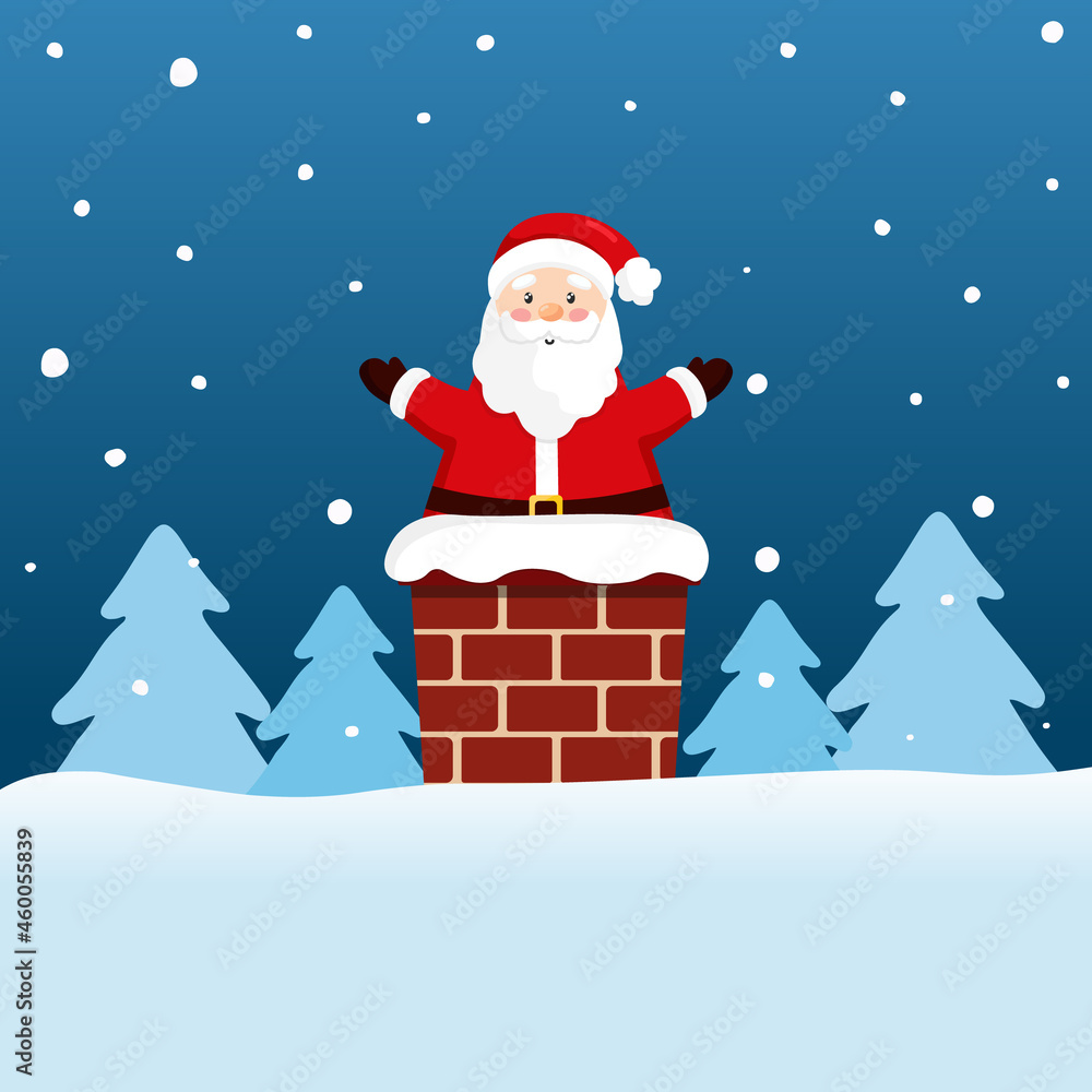 Santa Claus stuck in the Chimney. Greeting card with funny Santa Claus. Merry Christmas and Happy New Year. Vector illustration.