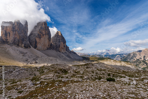 North rock face of Three Peaks of Lavaredo (Tre Cime di Lavaredo or Drei Zinnen), Sesto Dolomites (Dolomiti di Sesto), Dolomiti Di Sesto Natural Park, Trentino-Alto Adige and Veneto, Italy, Europe. 