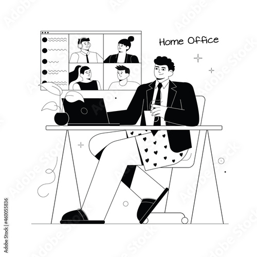 Man in jacket and underpants during conference call. Guy working remotely in his underwear. Home office concept.