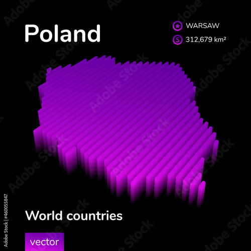 Stylized neon digital isometric striped vector Poland map with 3d effect. Map of Poland is in violet  and pink colors on the black background.