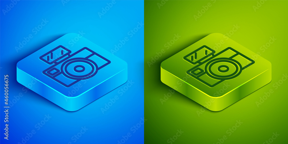 Isometric line Photo camera with lighting flash icon isolated on blue and green background. Foto camera. Digital photography. Square button. Vector Isometric line Photo camera with lighting flash icon isolated on blue and green background. Foto camera. Digital photography. Square button. Vector