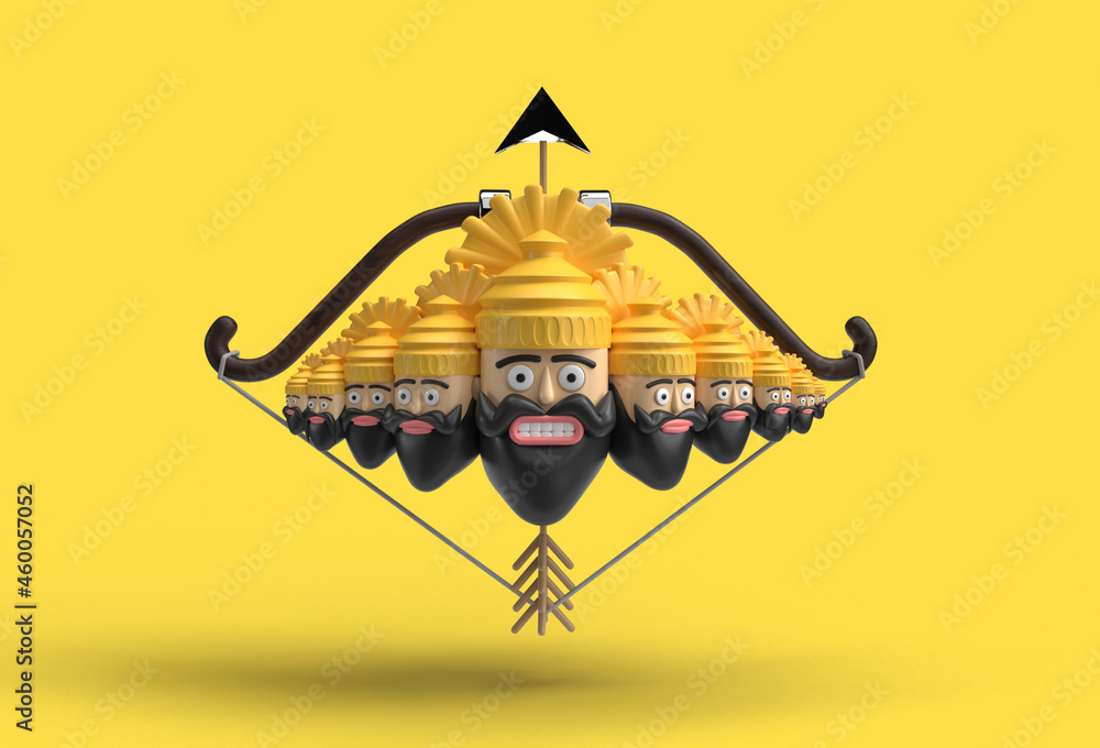 Fototapeta 3D Dussehra celebration - Ravana ten heads with bow and arrow - Pen Tool Created Clipping Path Included in JPEG Easy to Composite.