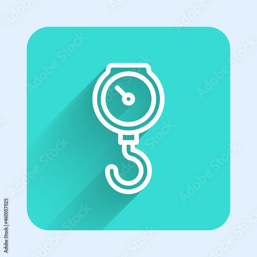 White line Hand scale spring mechanical icon isolated with long shadow. Green square button. Vector