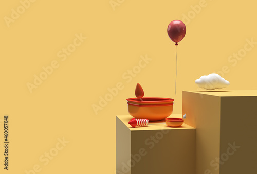 3d Render Oil lamp with Ballon - Diya, Diwali festival Pen Tool Created Clipping Path Included in JPEG Easy to Composite.