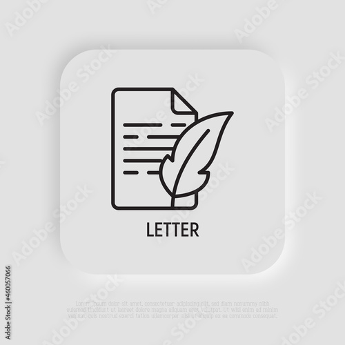 Letter with feather thin line icon. Modern vector illustration of retro style communication.