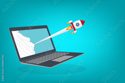 App launch. Startup vector concept, flat cartoon rocket or rocketship launch, laptop, idea of successful business project start up, boost technology, innovation.