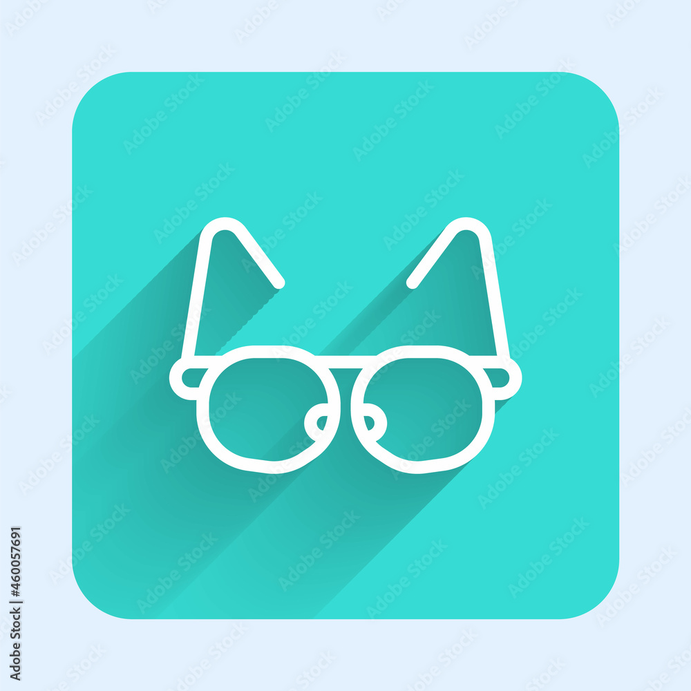 White line Glasses icon isolated with long shadow. Eyeglass frame symbol. Green square button. Vector White line Glasses icon isolated with long shadow. Eyeglass frame symbol. Green square button. Vector