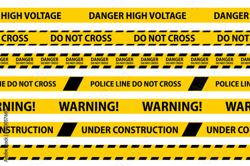 Danger, caution and warning seamless tapes. Black and yellow police stripe border. Crime vector illustration.