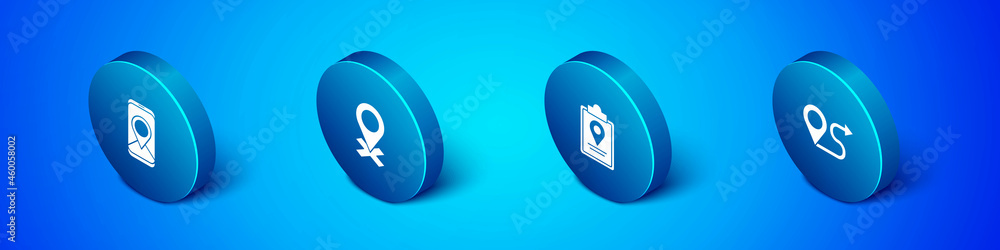 Set Isometric City map navigation, Folded with location marker, Route and Location icon. Vector