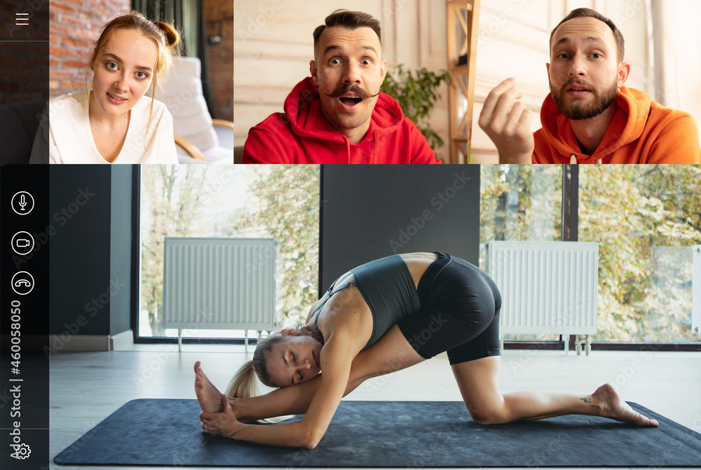 Young multiethnic people, men and women watching yoga trainings, sport tv  programme using video app. PC, laptop screen. Collage Stock Photo | Adobe  Stock