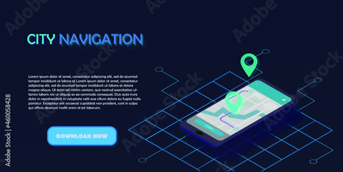 Isometric cyberpunk stylized city navigation mobile application concept. Smartphone with online map and geotags. Vector illustration