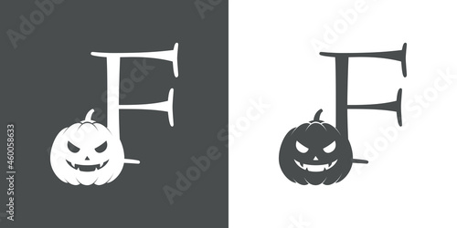 Logotipo letra inicial F con calabaza de Halloween en fondo gris y fondo blanco