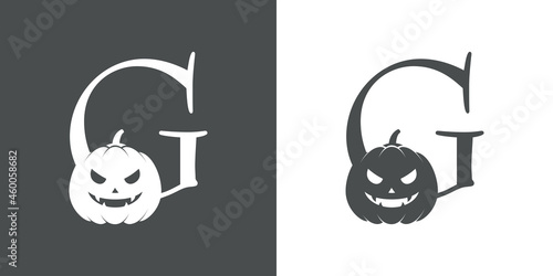 Logotipo letra inicial G con calabaza de Halloween en fondo gris y fondo blanco