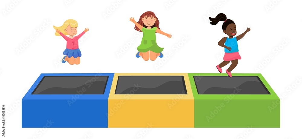 Fototapeta premium Kid jumping on trampoline. Children leisure, kids zone, active rest for little girl and boy.