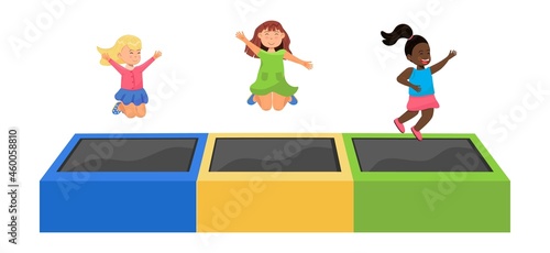 Kid jumping on trampoline. Children leisure, kids zone, active rest for little girl and boy.