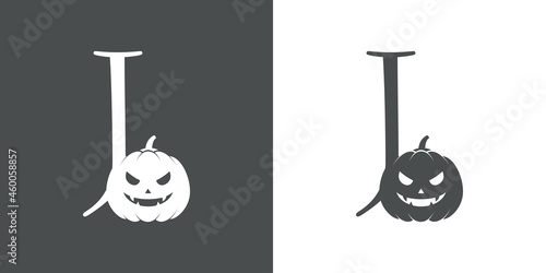 Logotipo letra inicial J con calabaza de Halloween en fondo gris y fondo blanco