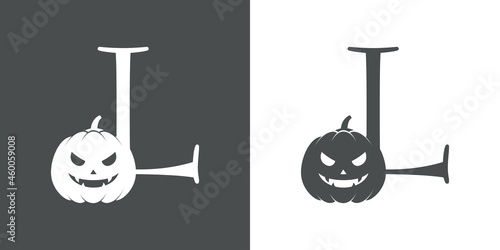 Logotipo letra inicial L con calabaza de Halloween en fondo gris y fondo blanco