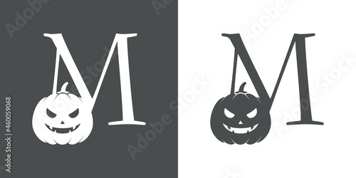 Logotipo letra inicial M con calabaza de Halloween en fondo gris y fondo blanco