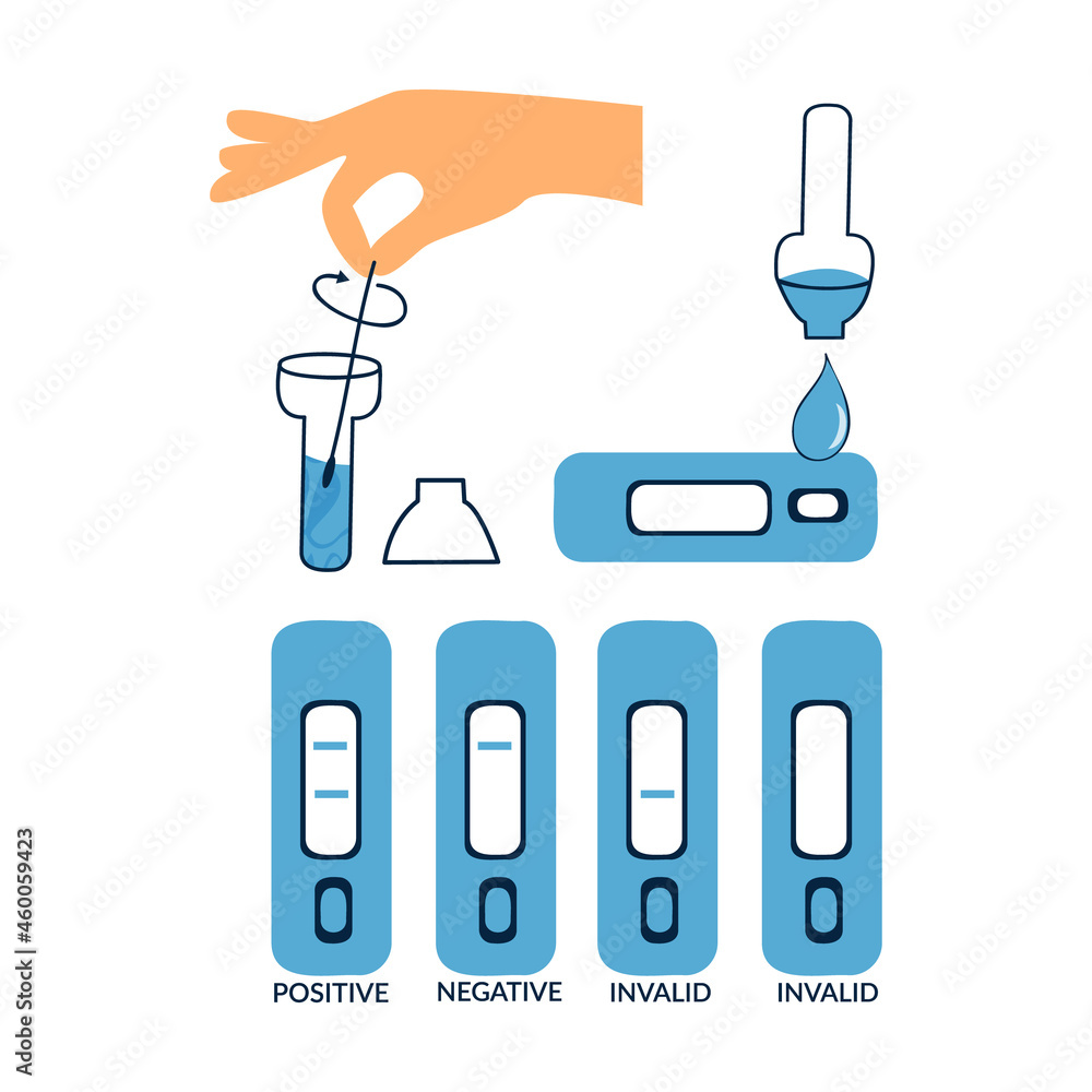 Covid nasal pcr swab rapid self test kit. Step by step instructions, strip with reagents and positive or negative result. Flat vector illustration isolated on white background