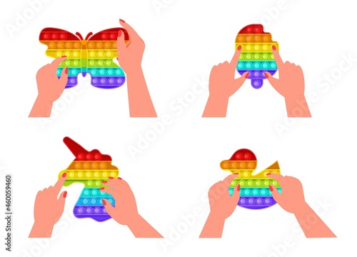Pop it fidget, antistressor toy vector set in flat style. Trendy sensory playthings.