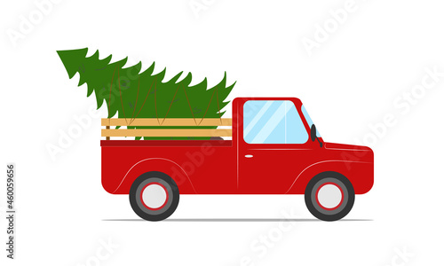 Red pickup truck carries a Christmas tree for Christmas. A green fir tree is tied to the back of a red pickup truck. © clelia-clelia