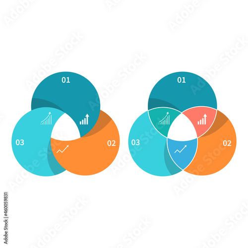 Three overlapping circles infographic. Venn diagram slide template vector illustration. 